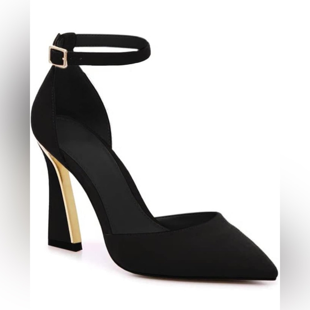 EUC Juliet Holy Women’s Closed Toe Faux Suede Black & Gold Ankle Strap Heels - 8